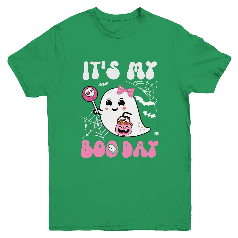 Funny Its My Boo Day Cute Halloween Birthday Ghost Pink Bow Youth Shirt | teecentury