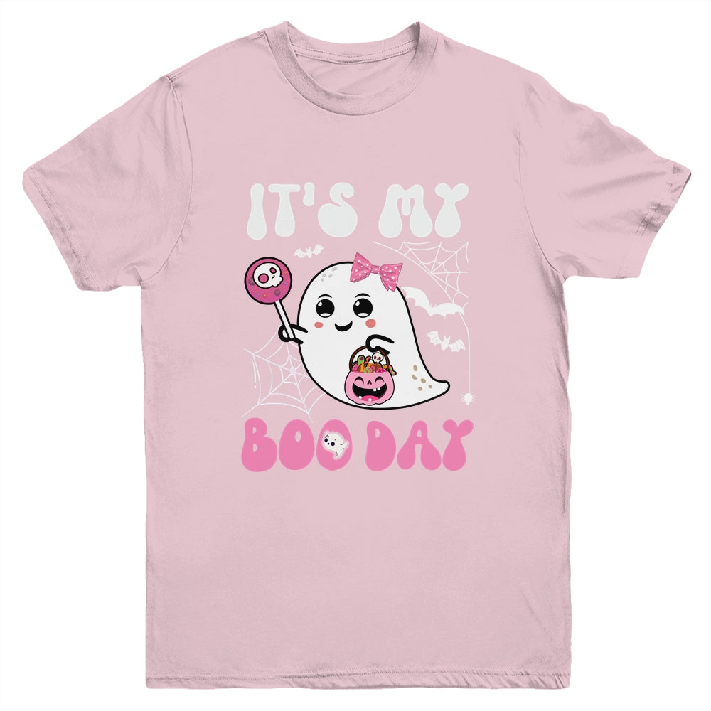 Funny Its My Boo Day Cute Halloween Birthday Ghost Pink Bow Youth Shirt | teecentury