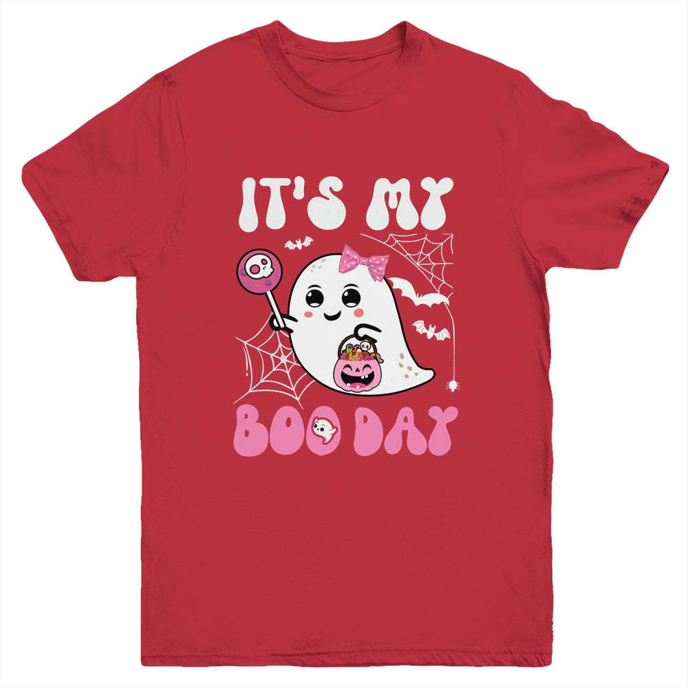 Funny Its My Boo Day Cute Halloween Birthday Ghost Pink Bow Youth Shirt | teecentury