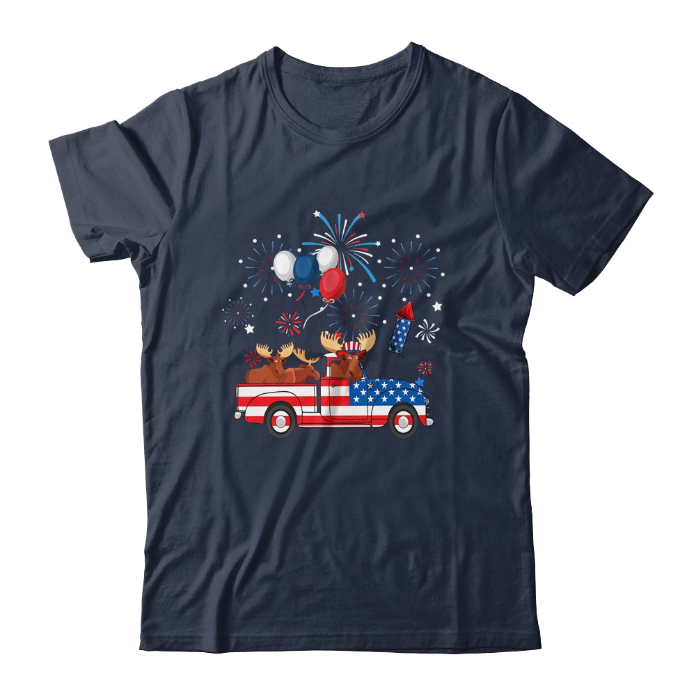 Funny Moose Riding Red Truck USA Flag Patriotic 4th Of July Shirt & Tank Top | teecentury