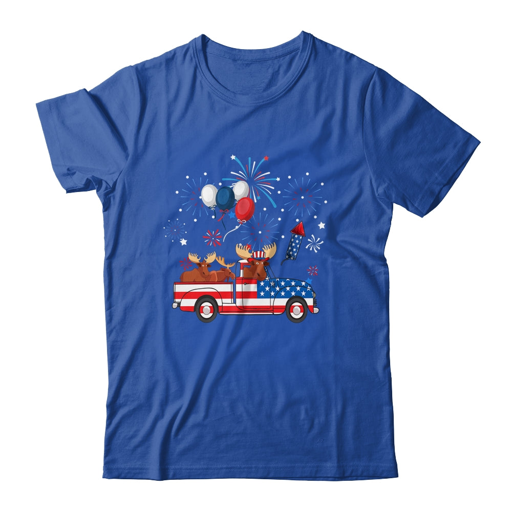 Funny Moose Riding Red Truck USA Flag Patriotic 4th Of July Shirt & Tank Top | teecentury