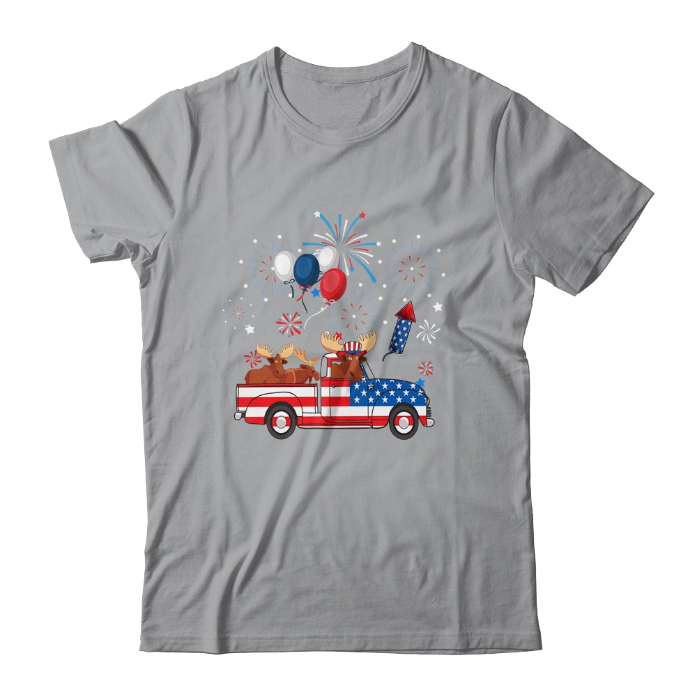 Funny Moose Riding Red Truck USA Flag Patriotic 4th Of July Shirt & Tank Top | teecentury