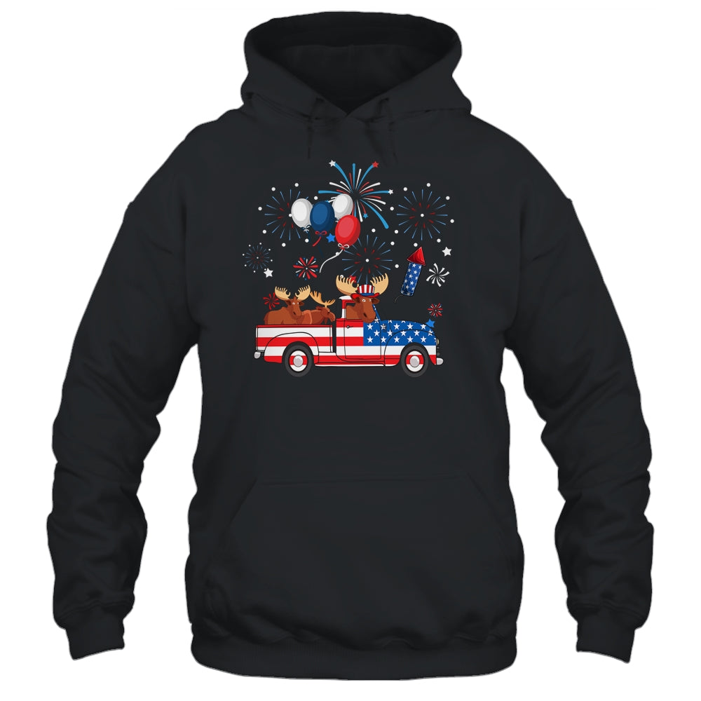 Funny Moose Riding Red Truck USA Flag Patriotic 4th Of July Shirt & Tank Top | teecentury