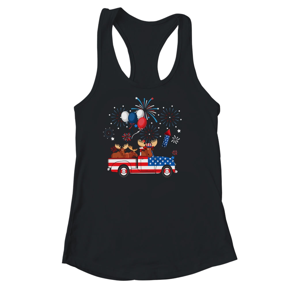 Funny Moose Riding Red Truck USA Flag Patriotic 4th Of July Shirt & Tank Top | teecentury