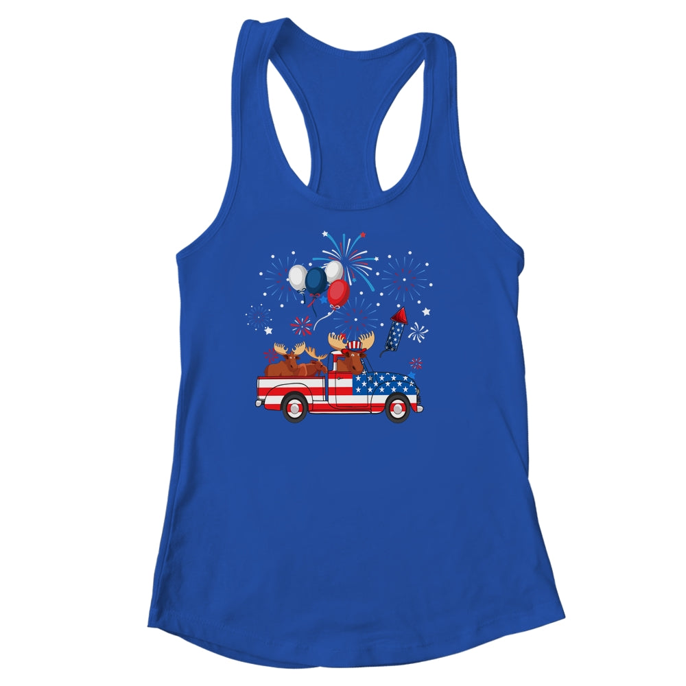 Funny Moose Riding Red Truck USA Flag Patriotic 4th Of July Shirt & Tank Top | teecentury