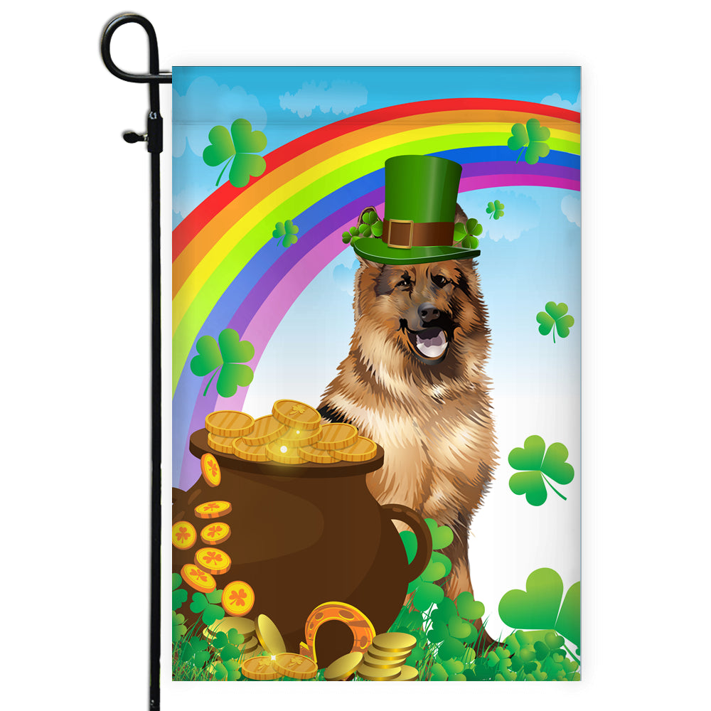 German Shepherd St Patrick's Day Dog Flag Funny Peeking Dog Wear Green Hat Golden Pot Coin Shamrock Rainbow Spring Banner for Home Decor | teecentury