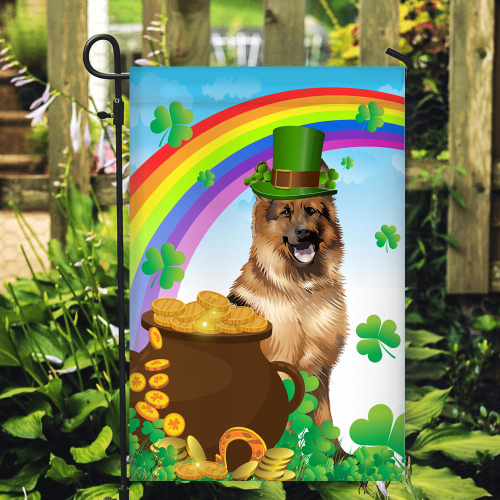 German Shepherd St Patrick's Day Dog Flag Funny Peeking Dog Wear Green Hat Golden Pot Coin Shamrock Rainbow Spring Banner for Home Decor | teecentury