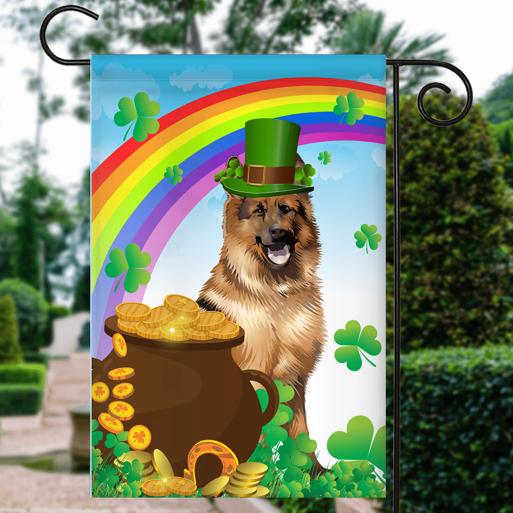 German Shepherd St Patrick's Day Dog Flag Funny Peeking Dog Wear Green Hat Golden Pot Coin Shamrock Rainbow Spring Banner for Home Decor | teecentury