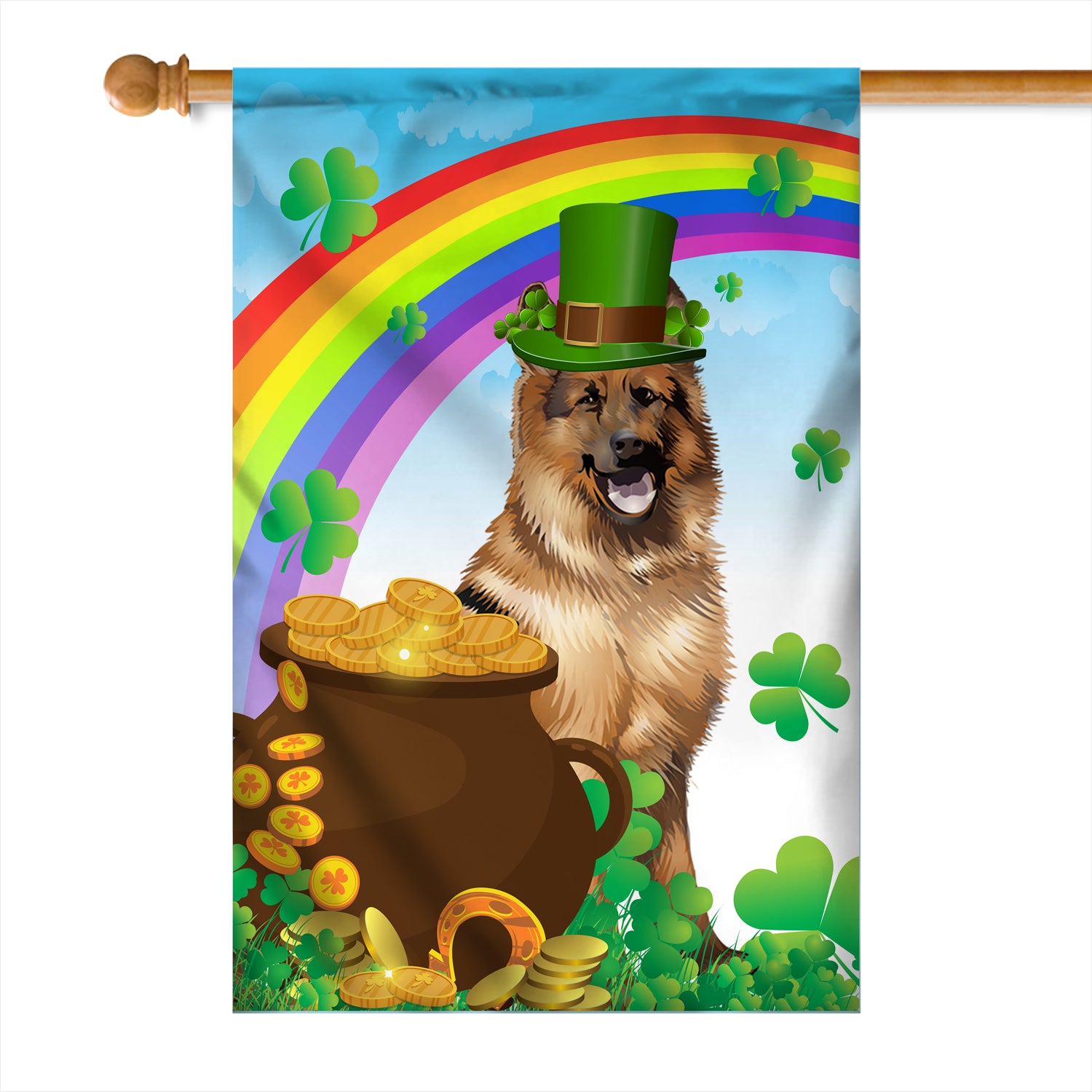 German Shepherd St Patrick's Day Dog Flag Funny Peeking Dog Wear Green Hat Golden Pot Coin Shamrock Rainbow Spring Banner for Home Decor | teecentury