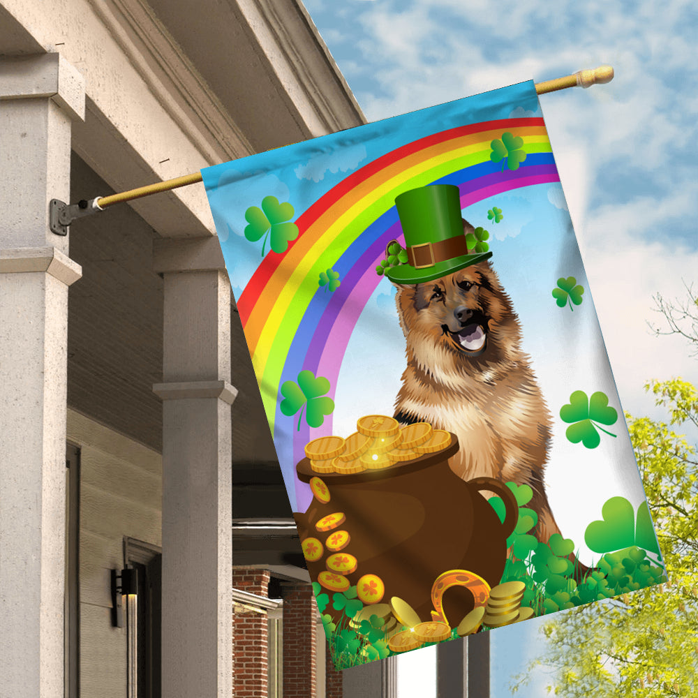 German Shepherd St Patrick's Day Dog Flag Funny Peeking Dog Wear Green Hat Golden Pot Coin Shamrock Rainbow Spring Banner for Home Decor | teecentury