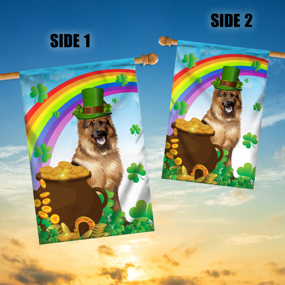 German Shepherd St Patrick's Day Dog Flag Funny Peeking Dog Wear Green Hat Golden Pot Coin Shamrock Rainbow Spring Banner for Home Decor | teecentury