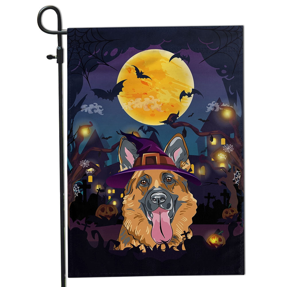 German Shepherd Witch Halloween Flag Castle Background For Dog Lover Home Flag | Teecentury.com