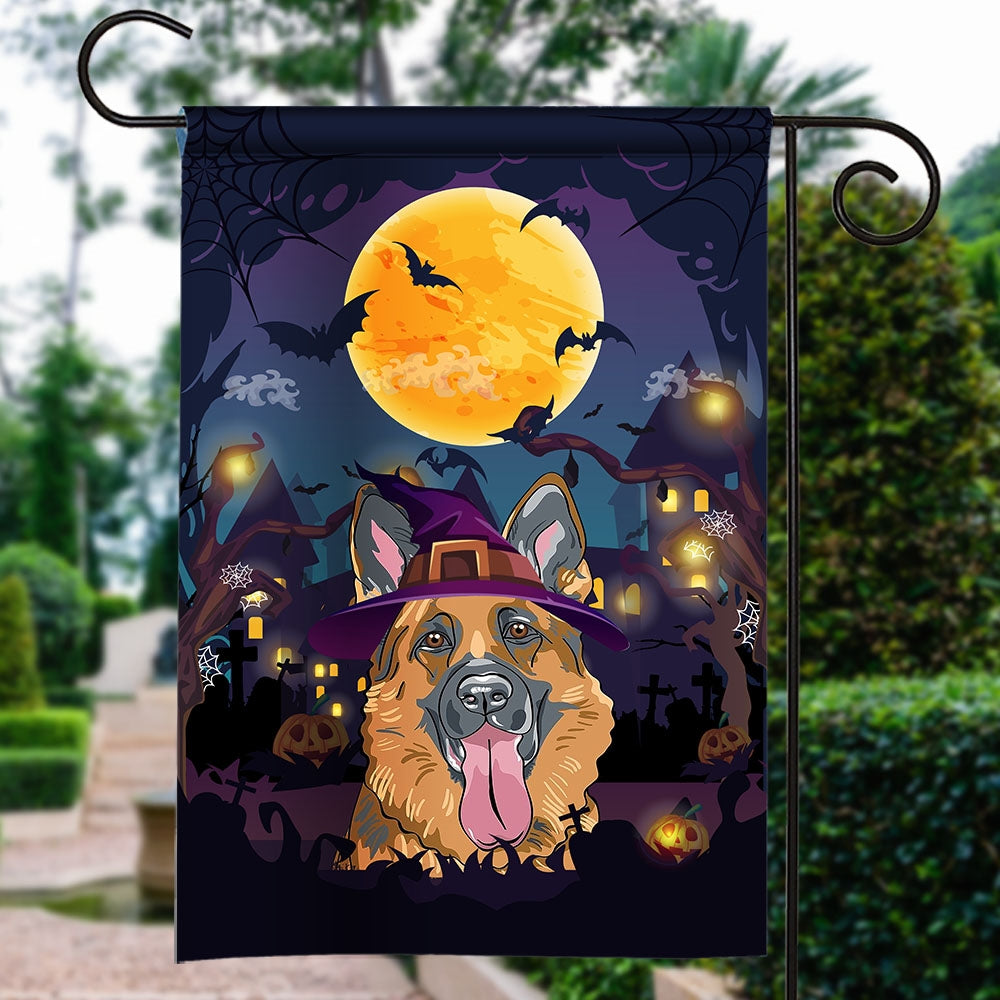 German Shepherd Witch Halloween Flag Castle Background For Dog Lover Home Flag | Teecentury.com