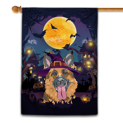German Shepherd Witch Halloween Flag Castle Background For Dog Lover Home Flag | Teecentury.com