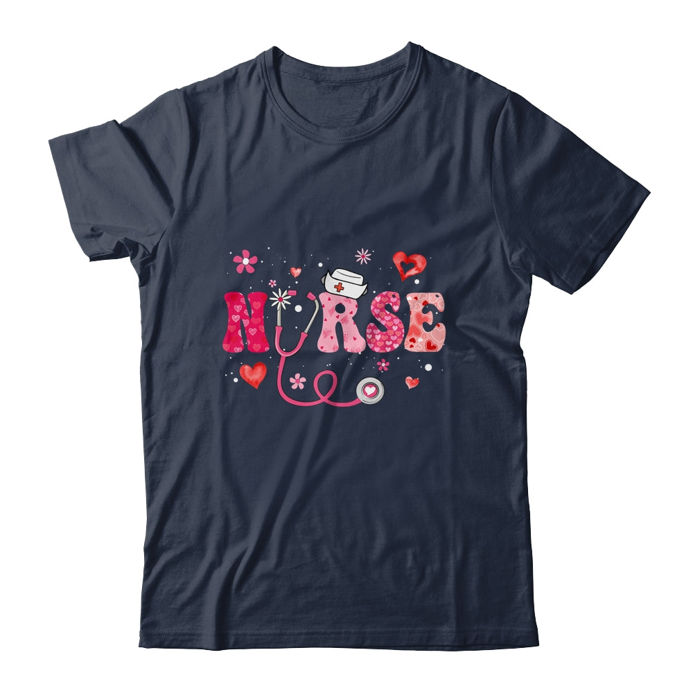 Girls Women Nurses Valentines Day Hearts Stethoscope Groovy Shirt & Tank Top | teecentury