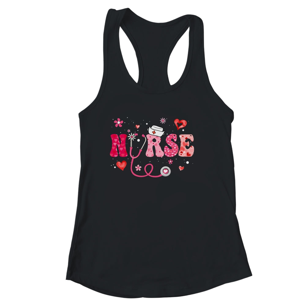Girls Women Nurses Valentines Day Hearts Stethoscope Groovy Shirt & Tank Top | teecentury