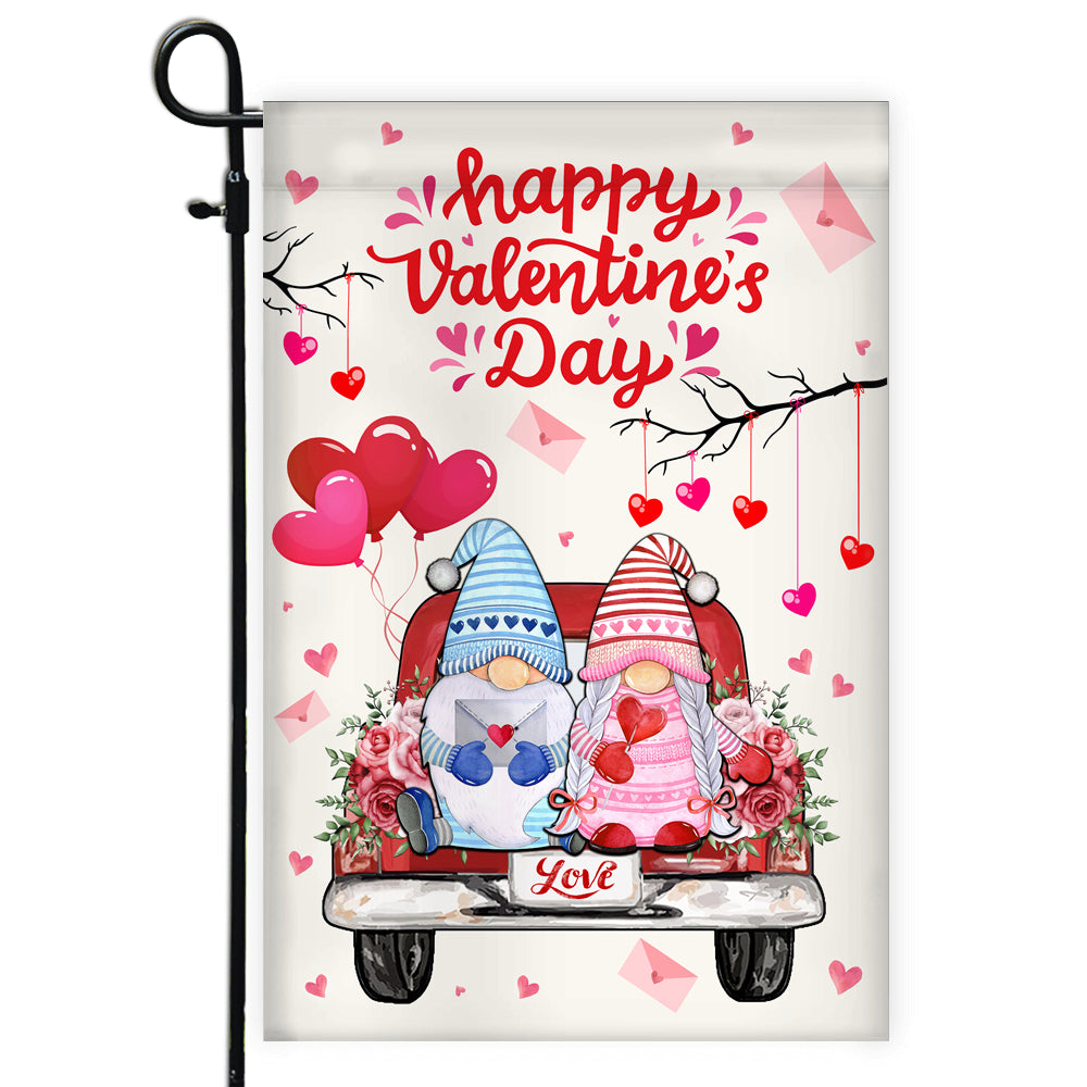 Gnomes Valentine Flag Happy Valentine's Day Red Truck Gnomes Couple Flag | Teecentury.com