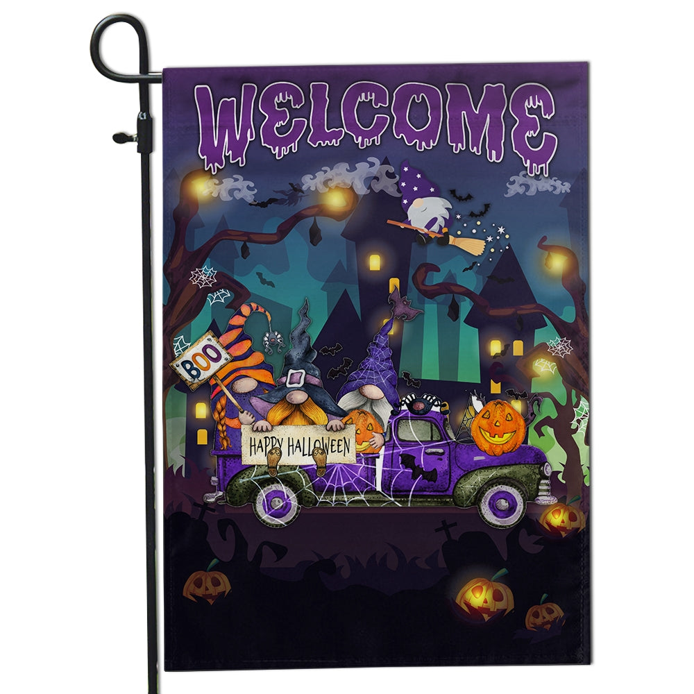 Gnomes Witch Halloween Flag Pumpkins Trick or Treat Gnomes Purple Pickup Truck Spooky Witch Cat Welcome Home Flag | Teecentury.com
