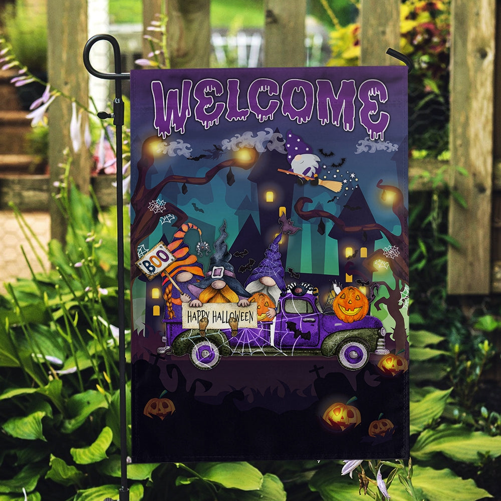 Gnomes Witch Halloween Flag Pumpkins Trick or Treat Gnomes Purple Pickup Truck Spooky Witch Cat Welcome Home Flag | Teecentury.com