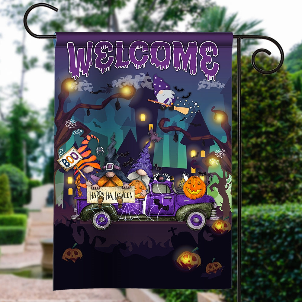 Gnomes Witch Halloween Flag Pumpkins Trick or Treat Gnomes Purple Pickup Truck Spooky Witch Cat Welcome Home Flag | Teecentury.com