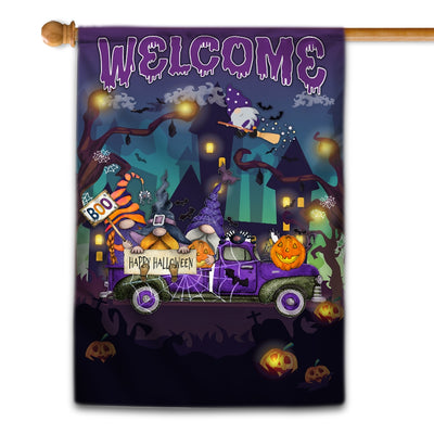 Gnomes Witch Halloween Flag Pumpkins Trick or Treat Gnomes Purple Pickup Truck Spooky Witch Cat Welcome Home Flag | Teecentury.com