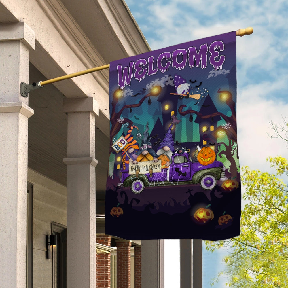 Gnomes Witch Halloween Flag Pumpkins Trick or Treat Gnomes Purple Pickup Truck Spooky Witch Cat Welcome Home Flag | Teecentury.com