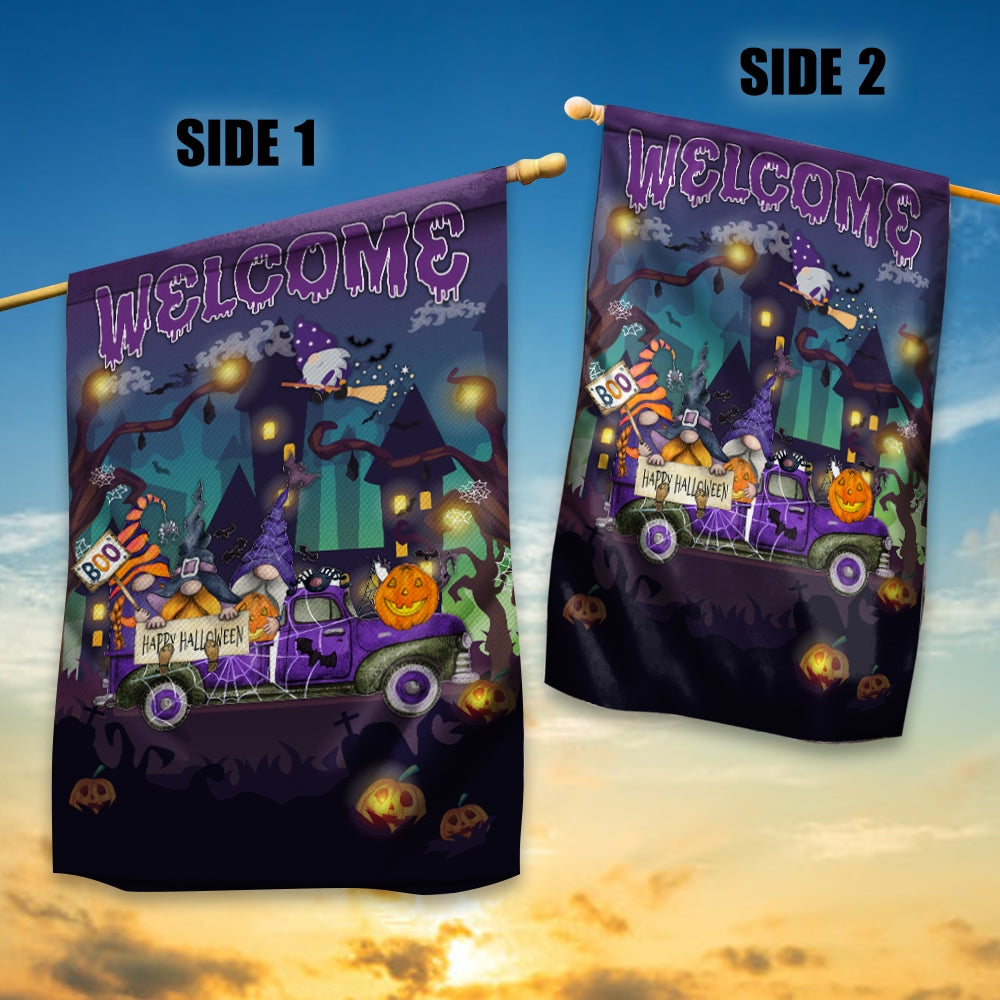 Gnomes Witch Halloween Flag Pumpkins Trick or Treat Gnomes Purple Pickup Truck Spooky Witch Cat Welcome Home Flag | Teecentury.com