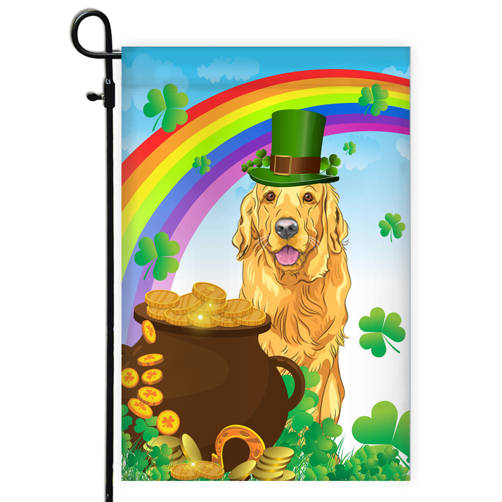 Golden Retriever St Patrick's Day Dog Flag Funny Peeking Dog Wear Green Hat Golden Pot Coin Shamrock Rainbow Spring Banner for Home Decor | teecentury
