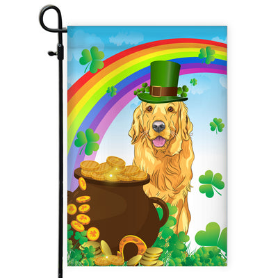 Golden Retriever St Patrick's Day Dog Flag Funny Peeking Dog Wear Green Hat Golden Pot Coin Shamrock Rainbow Spring Banner for Home Decor | teecentury