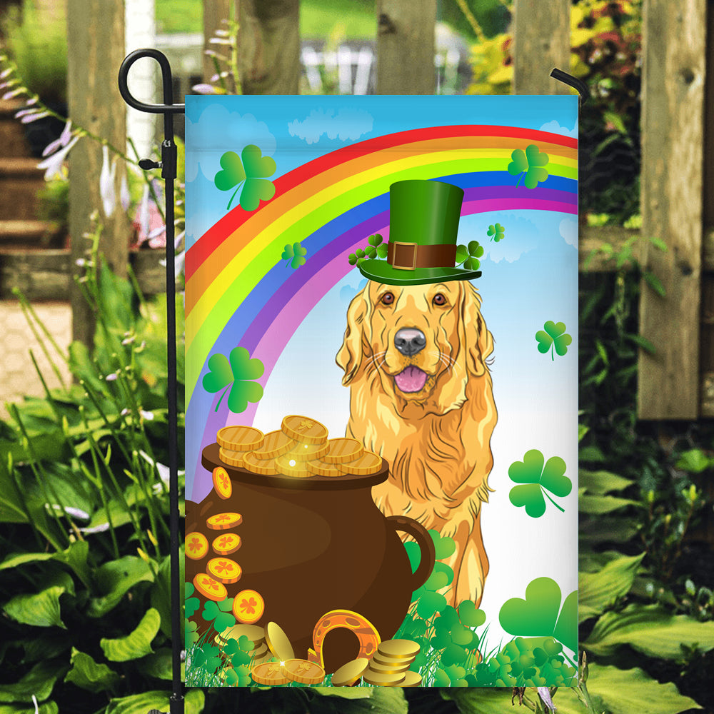 Golden Retriever St Patrick's Day Dog Flag Funny Peeking Dog Wear Green Hat Golden Pot Coin Shamrock Rainbow Spring Banner for Home Decor | teecentury