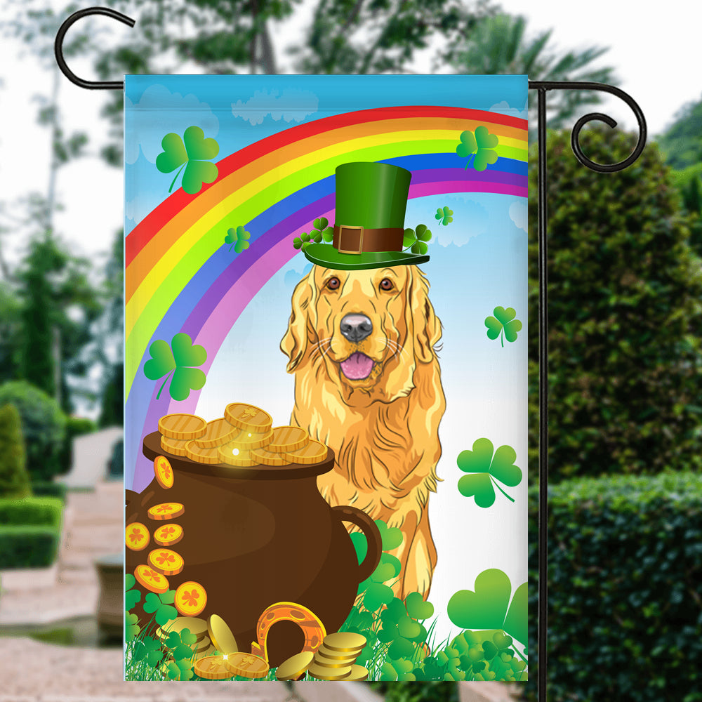 Golden Retriever St Patrick's Day Dog Flag Funny Peeking Dog Wear Green Hat Golden Pot Coin Shamrock Rainbow Spring Banner for Home Decor | teecentury