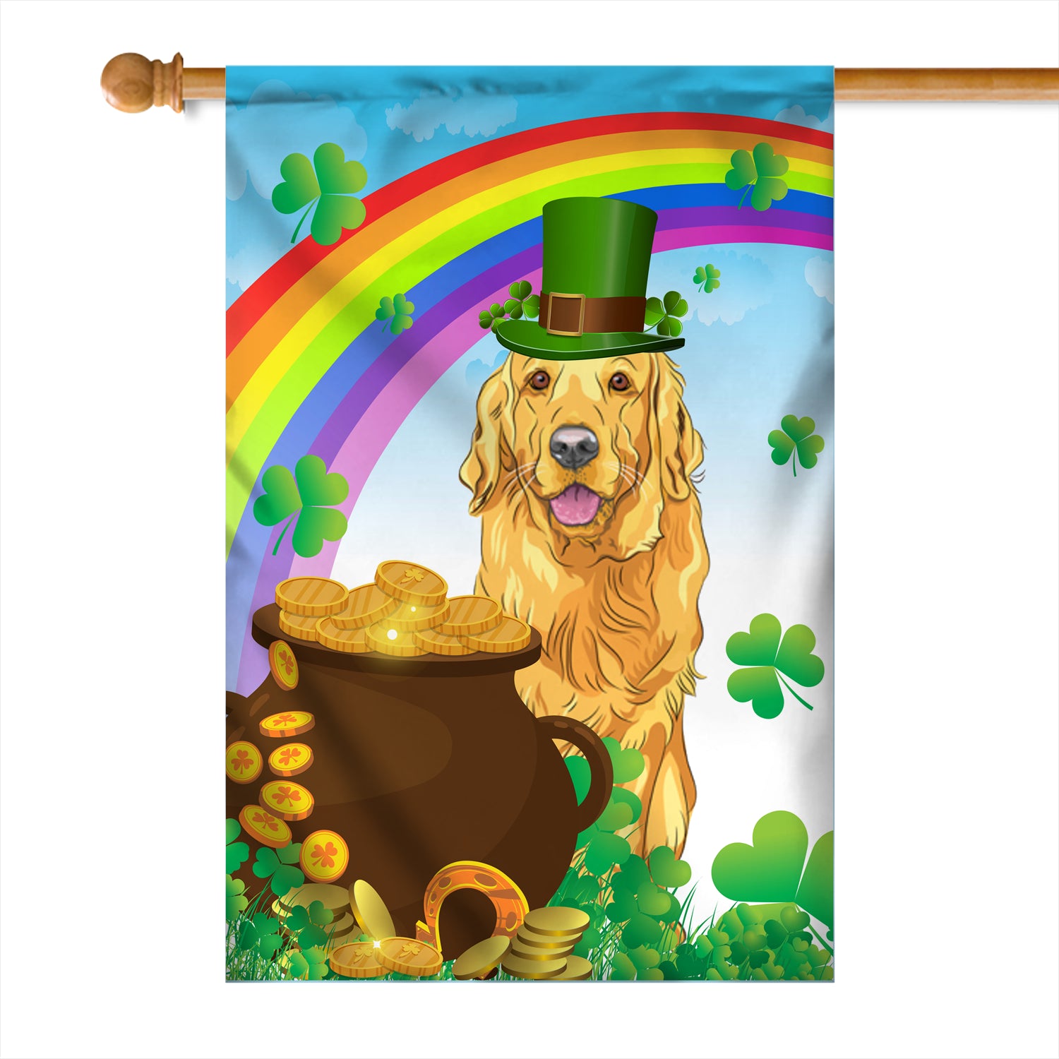 Golden Retriever St Patrick's Day Dog Flag Funny Peeking Dog Wear Green Hat Golden Pot Coin Shamrock Rainbow Spring Banner for Home Decor | teecentury