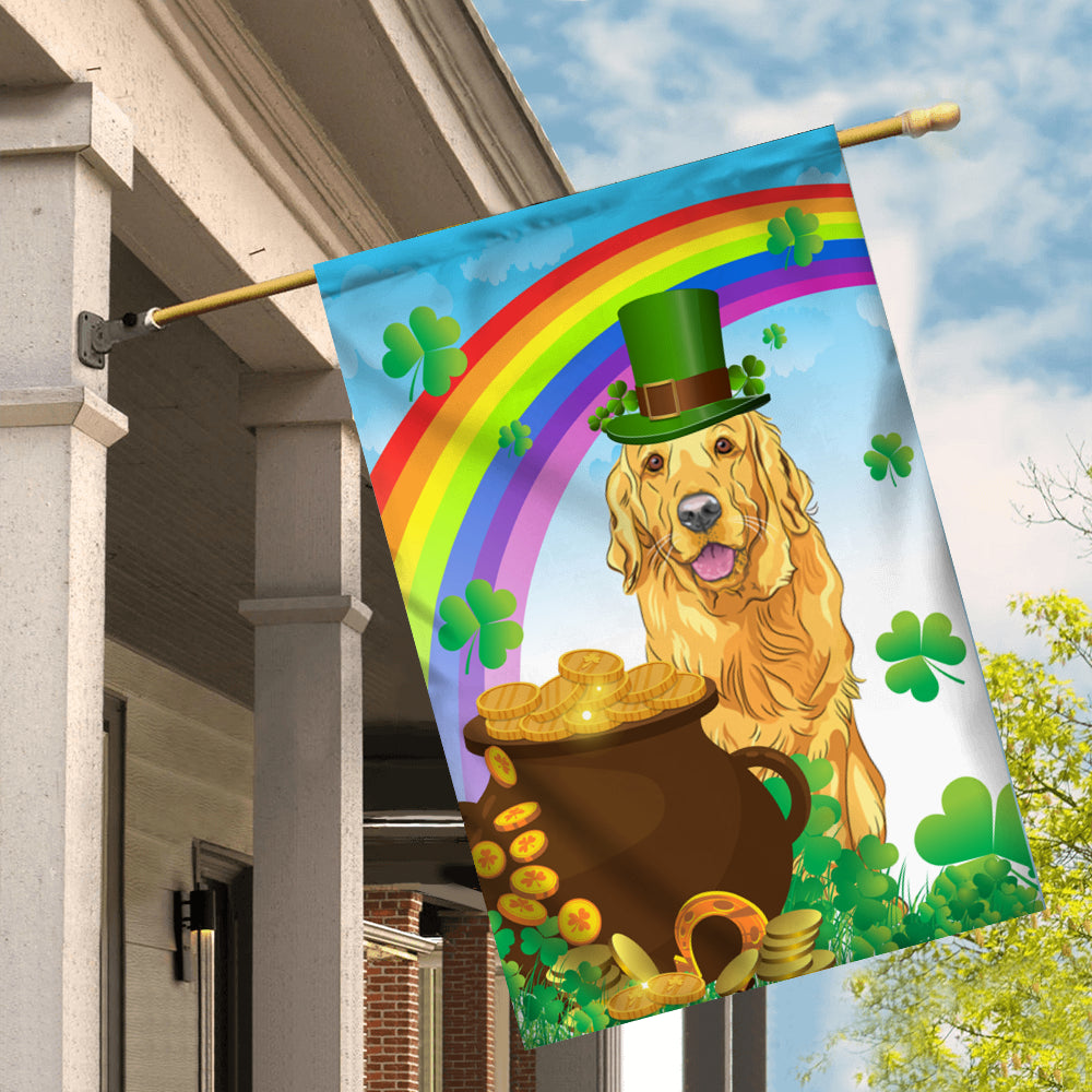 Golden Retriever St Patrick's Day Dog Flag Funny Peeking Dog Wear Green Hat Golden Pot Coin Shamrock Rainbow Spring Banner for Home Decor | teecentury