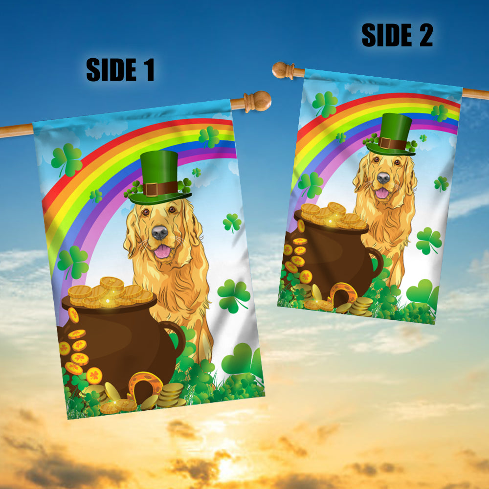 Golden Retriever St Patrick's Day Dog Flag Funny Peeking Dog Wear Green Hat Golden Pot Coin Shamrock Rainbow Spring Banner for Home Decor | teecentury