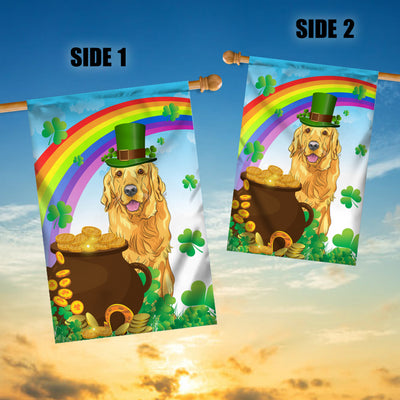 Golden Retriever St Patrick's Day Dog Flag Funny Peeking Dog Wear Green Hat Golden Pot Coin Shamrock Rainbow Spring Banner for Home Decor | teecentury