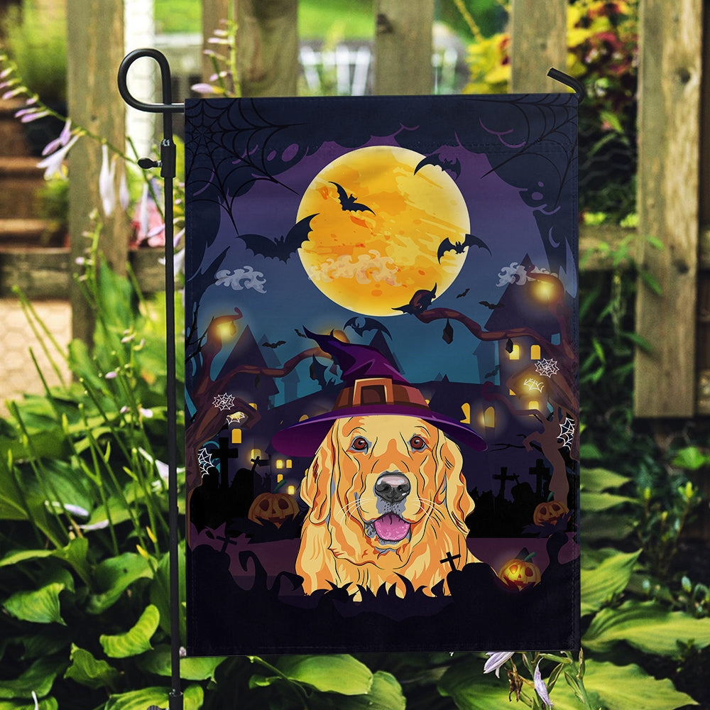 Golden Retriever Witch Halloween Flag Castle Background For Dog Lover Home Flag | Teecentury.com