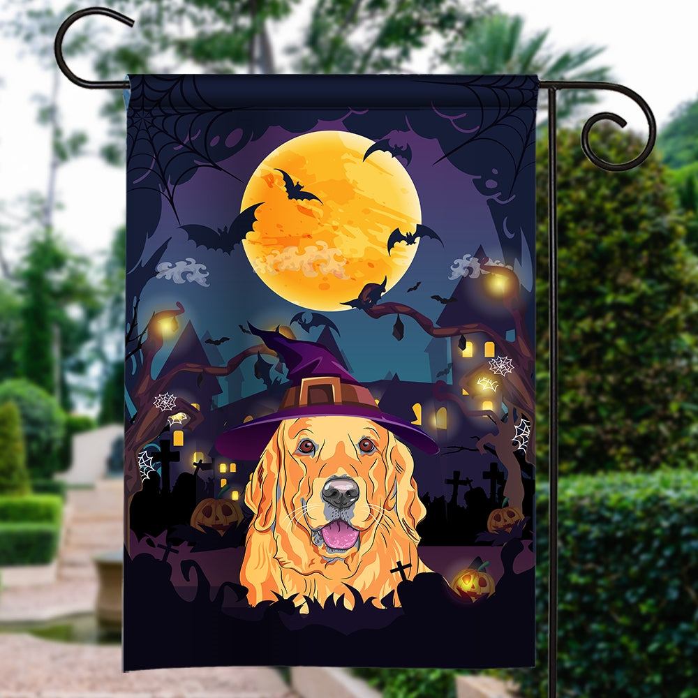 Golden Retriever Witch Halloween Flag Castle Background For Dog Lover Home Flag | Teecentury.com