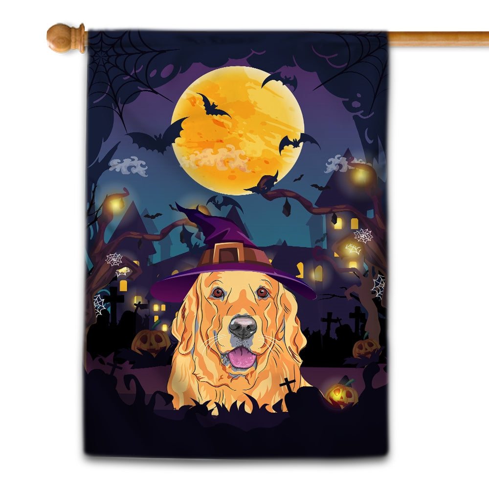 Golden Retriever Witch Halloween Flag Castle Background For Dog Lover Home Flag | Teecentury.com