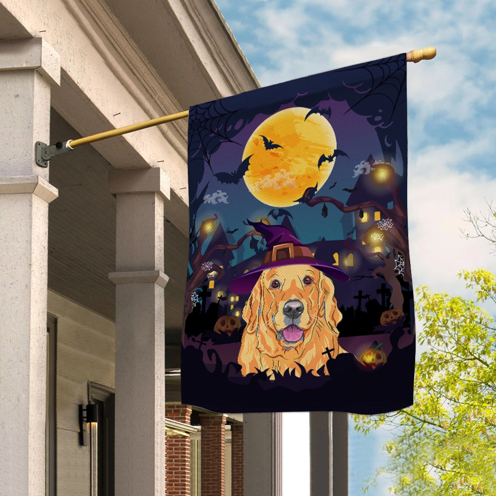 Golden Retriever Witch Halloween Flag Castle Background For Dog Lover Home Flag | Teecentury.com
