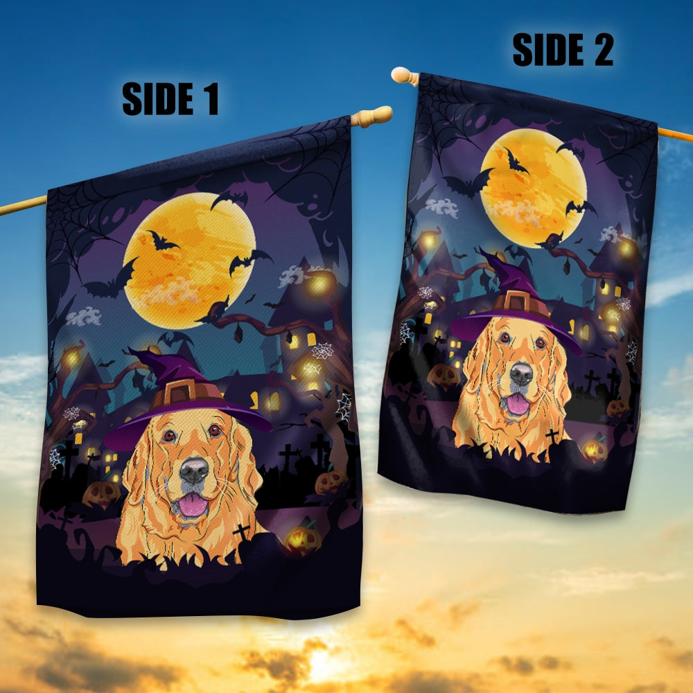 Golden Retriever Witch Halloween Flag Castle Background For Dog Lover Home Flag | Teecentury.com