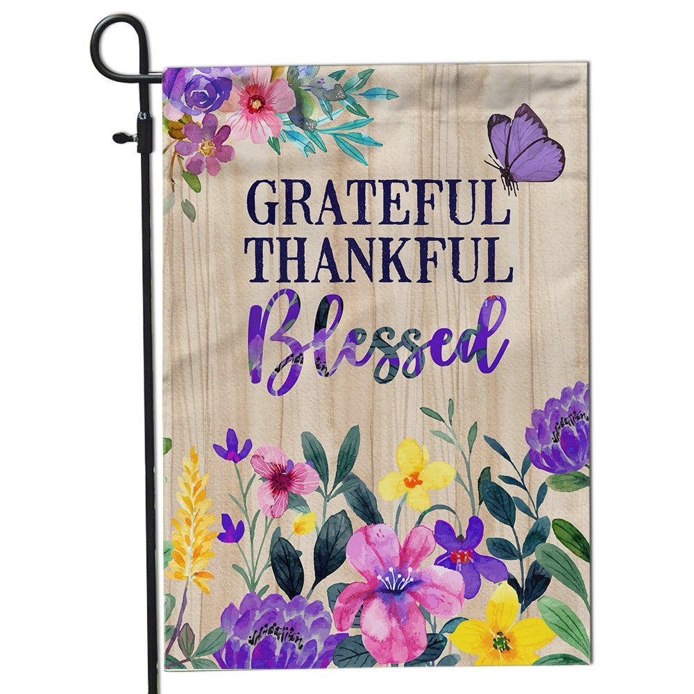 Grateful Thankful Blessed Flag Spring Summer Home Butterfly Flower Farmhouse Fall Autumn House Flag | Teecentury.com