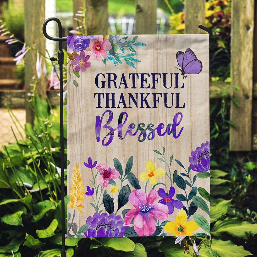 Grateful Thankful Blessed Flag Spring Summer Home Butterfly Flower Farmhouse Fall Autumn House Flag | Teecentury.com