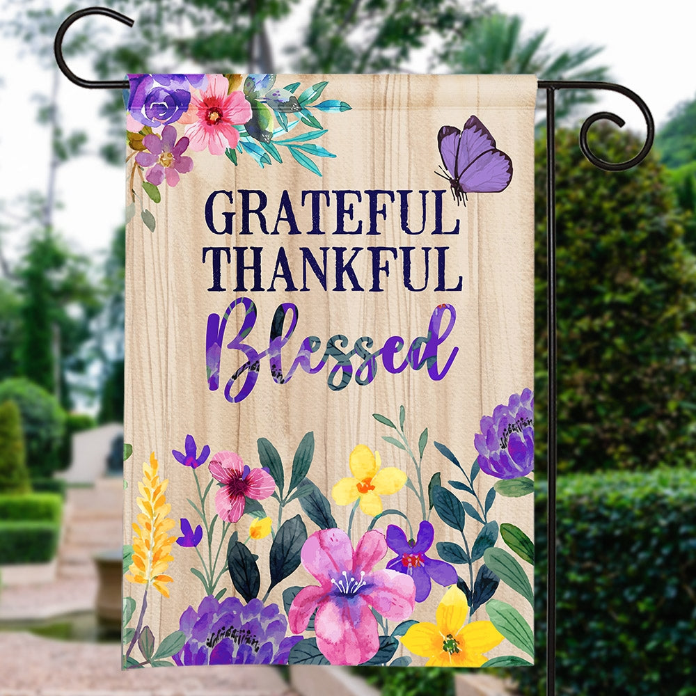 Grateful Thankful Blessed Flag Spring Summer Home Butterfly Flower Farmhouse Fall Autumn House Flag | Teecentury.com