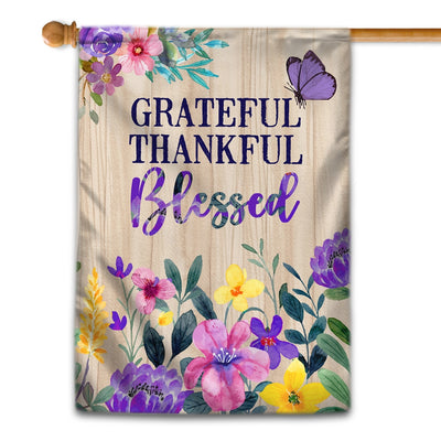 Grateful Thankful Blessed Flag Spring Summer Home Butterfly Flower Farmhouse Fall Autumn House Flag | Teecentury.com