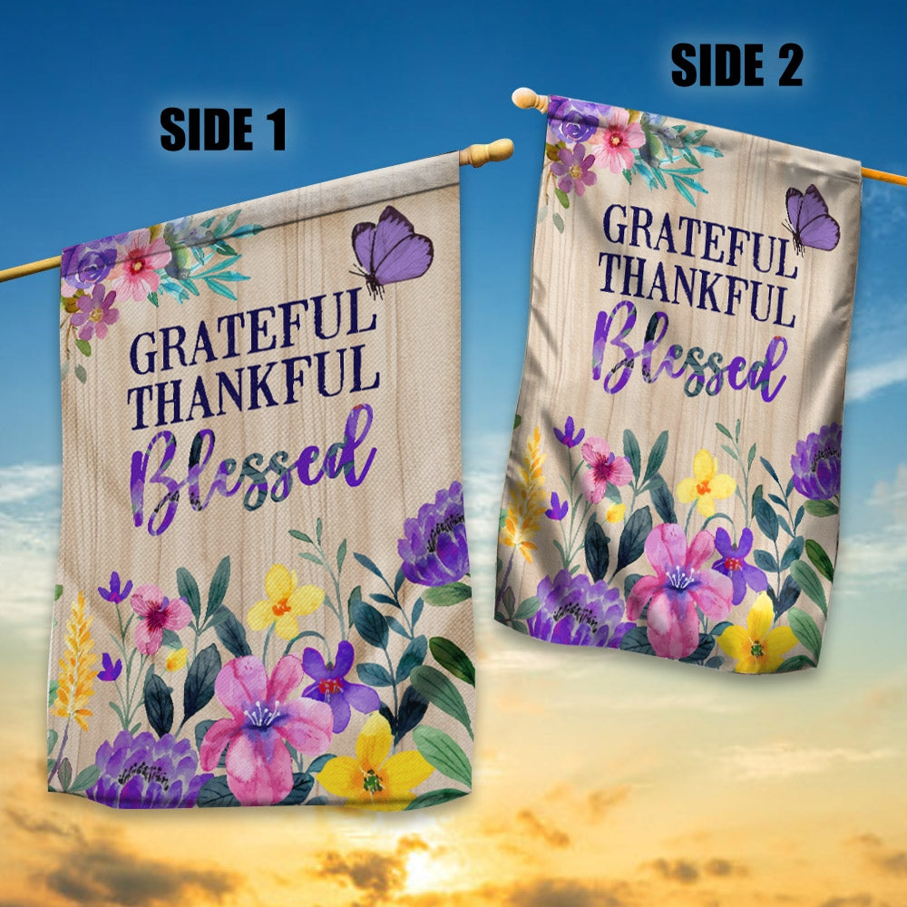 Grateful Thankful Blessed Flag Spring Summer Home Butterfly Flower Farmhouse Fall Autumn House Flag | Teecentury.com