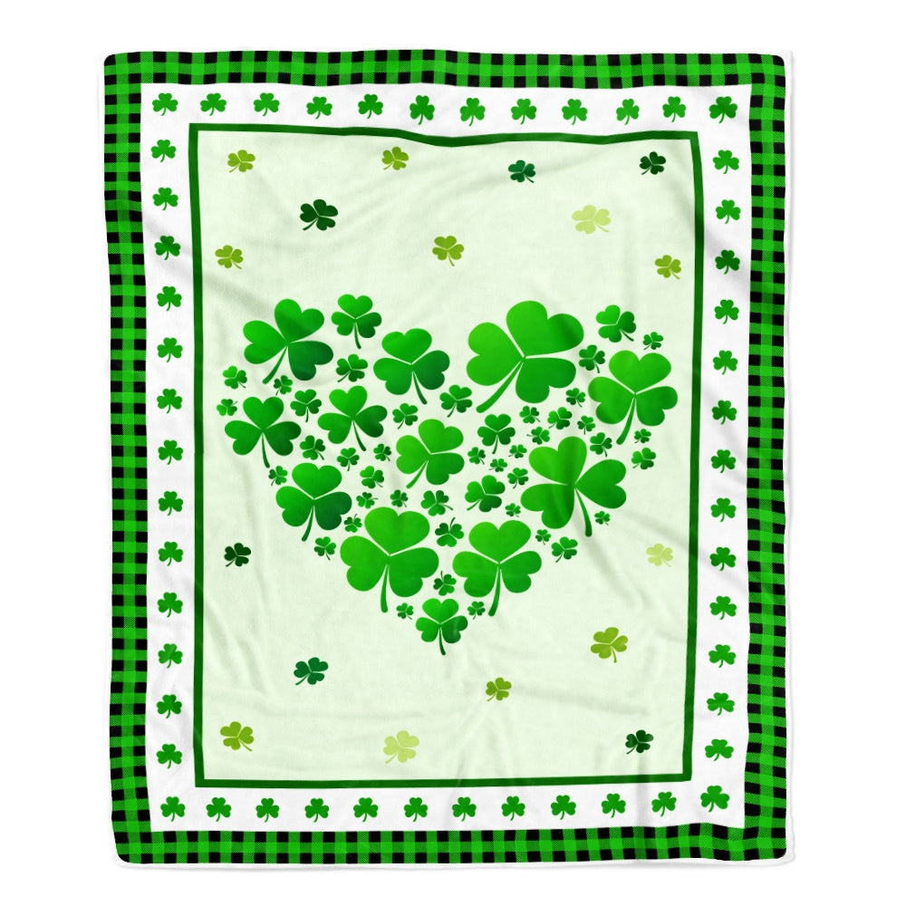 Green Shamrock Leaves Love Heart Irish Saint Patrick's Day Fleece Blanket Blanket | Teecentury.com
