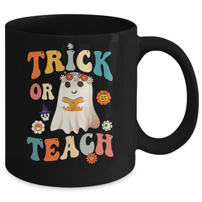 Groovy Halloween Trick or Teach Retro Floral Ghost Teacher Mug | teecentury