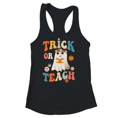 Groovy Halloween Trick or Teach Retro Floral Ghost Teacher Shirt & Tank Top | teecentury