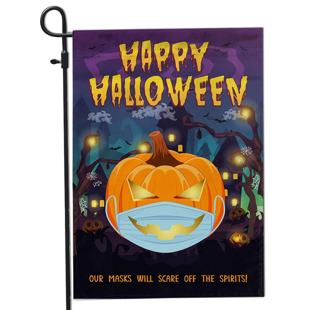 Halloween Pumpkin Flag Our Masks Will Scare Off The Spirits Flag | Teecentury.com