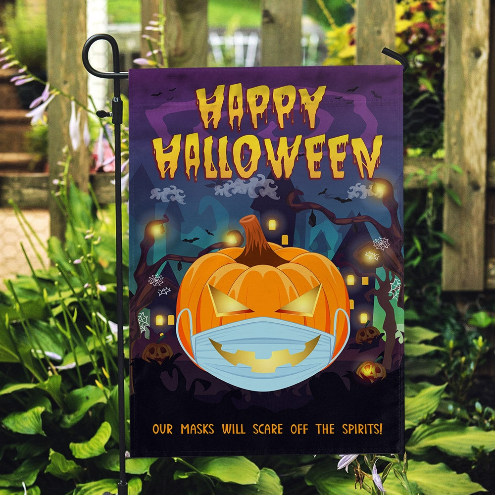 Halloween Pumpkin Flag Our Masks Will Scare Off The Spirits Flag | Teecentury.com
